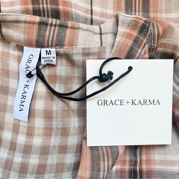 Grace‎ Karma Top Women's Medium New NWT Plaid Neutral Cotton Gauze Scandi Earthy - Picture 3 of 12